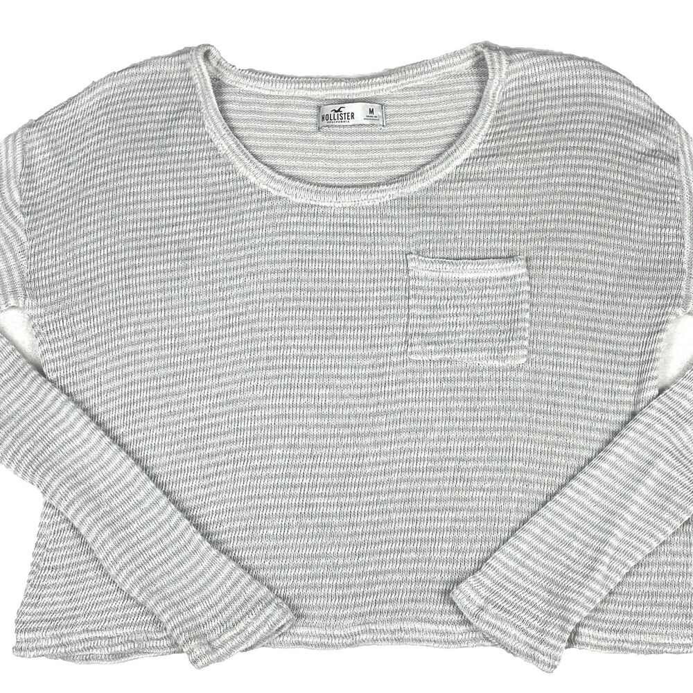 Vintage Y2K Hollister Sweater Womens M Gray White Stripe Cropped Flowy Beachy